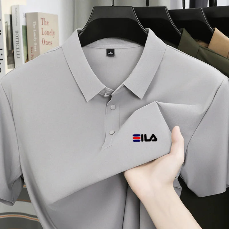 High end ice silk short sleeved men's polo shirt brand printed top summer new comfortable and breathable business casual T-shirt