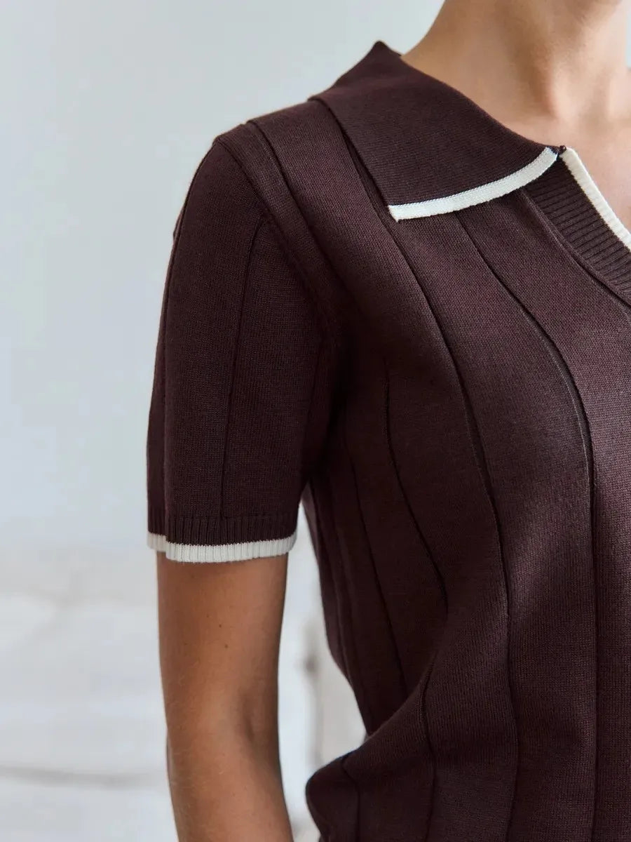 Brown Contrast White Trim Knit Polo Top for Women Short Sleeve V Neck Slim Fit Casual Knitwear