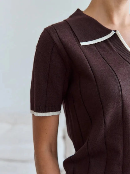Brown Contrast White Trim Knit Polo Top for Women Short Sleeve V Neck Slim Fit Casual Knitwear