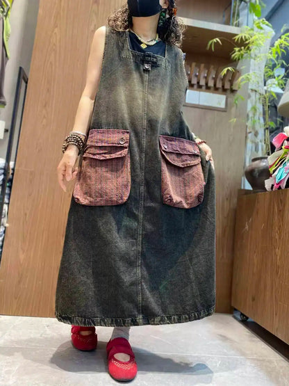Color-blocked Large Pocket Denim Dress Women Sleeveless Suspender Tank Dress XY326