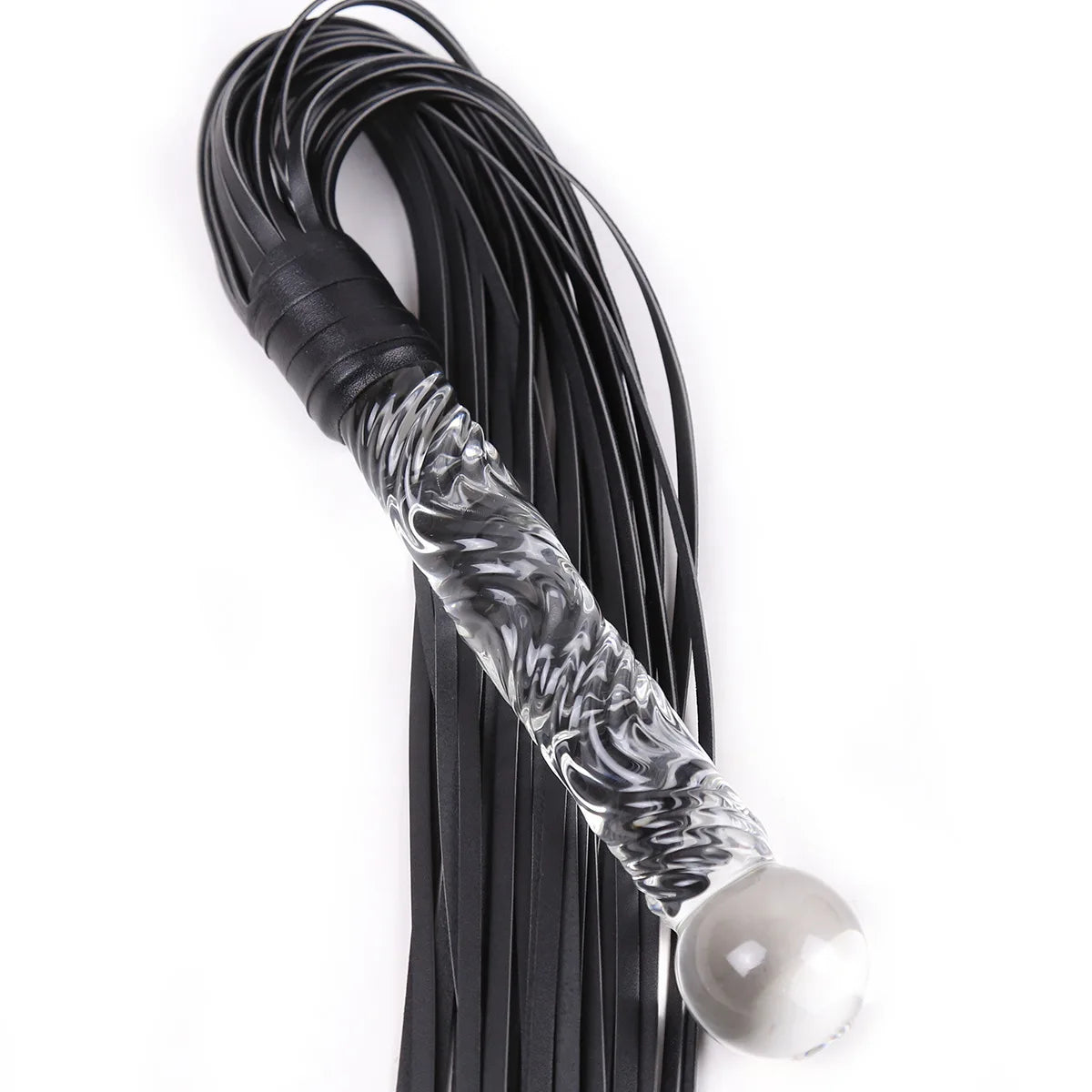 Luxury Crystal Glass Handle Flogger Whip – Premium Leather BDSM Bondage Toy for Couples, Sensory Play & Roleplay Black Straps,