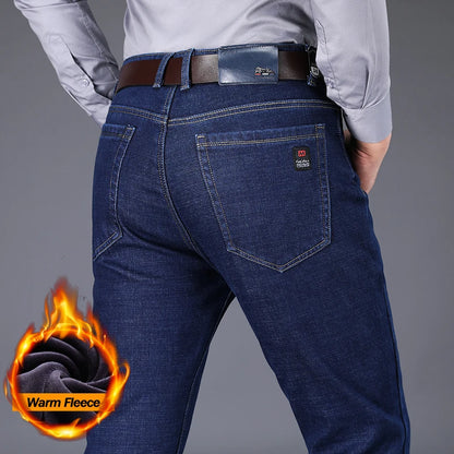 2025 Winter Warm Men's Jeans Fleece Thickened Elastic Straight Business Casual Denim Pants Plush Velvet Comfortable Trousers