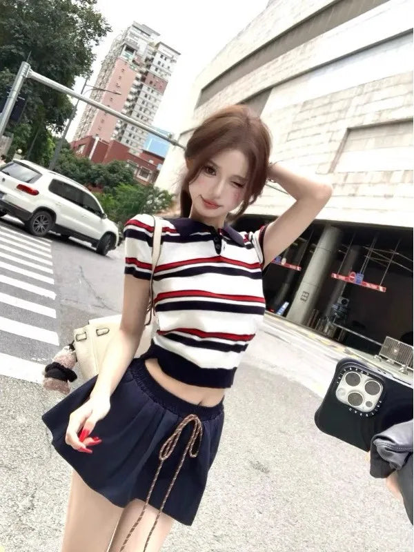 Miu Stripe  Neck Knitted Short Sleeve T-Shirt Women's Summer Design Sensible Short Style Korean Version Slim Fit Top