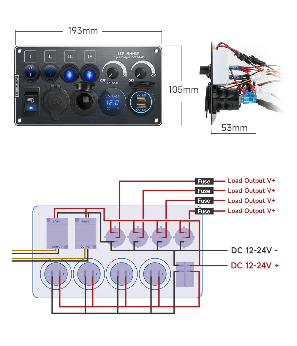 Toggle Switch Multi-Functions Silver Aluminum Panel LED Dimmer Switch 12V 24V for RV Dual Port USB QC3.0  Cigarette Lighter