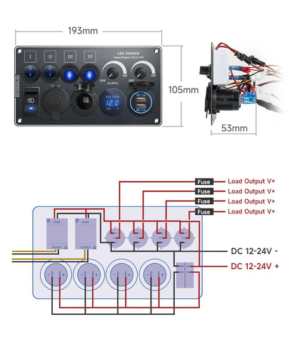 Toggle Switch Multi-Functions Silver Aluminum Panel LED Dimmer Switch 12V 24V for RV Dual Port USB QC3.0  Cigarette Lighter