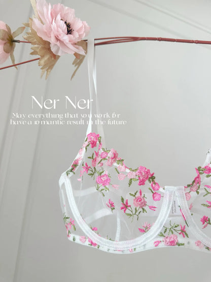 Sexy Floral Embroidery Mesh Bra Set Sweet Sheer Lace Lingerie Soft Comfort Breathable Underwear Suit Party Dating Daily Wear Bra