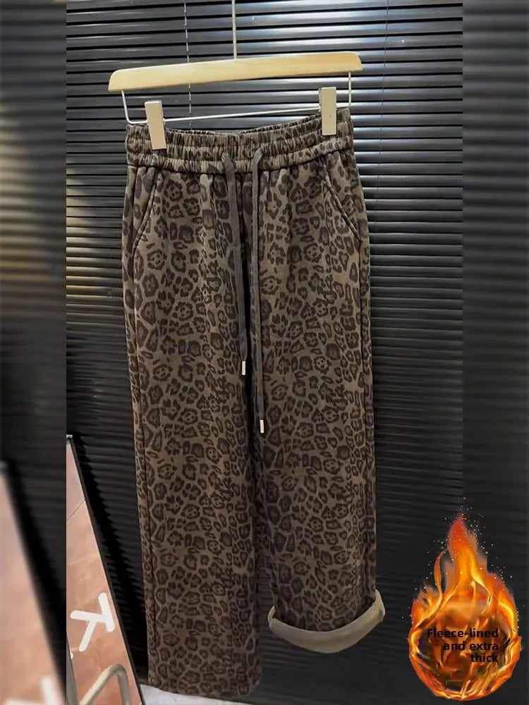 High Waist Thickened Fleece Lined Leopard Print Casual Pants Women Straight Leg Wide Leg Pants Trendy plus Size Korean Style
