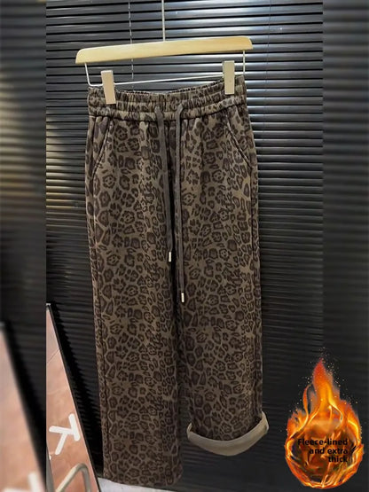 High Waist Thickened Fleece Lined Leopard Print Casual Pants Women Straight Leg Wide Leg Pants Trendy plus Size Korean Style