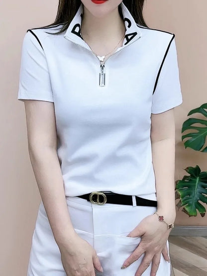 Slimming Short Sleeve Zipper T-Shirt Women's Korean Style Commute Fashion Mid-Year Mom Ladies Shirt Stand Collar Half Zipper