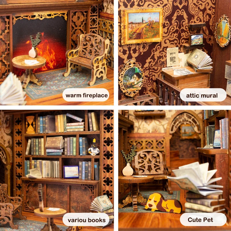Cutebee DIY Book Nook Miniatures Shelf Insert Dollhouse Model Roombox Building Kit Wooden Bookshelf Toys Bookend for Xmas Gifts