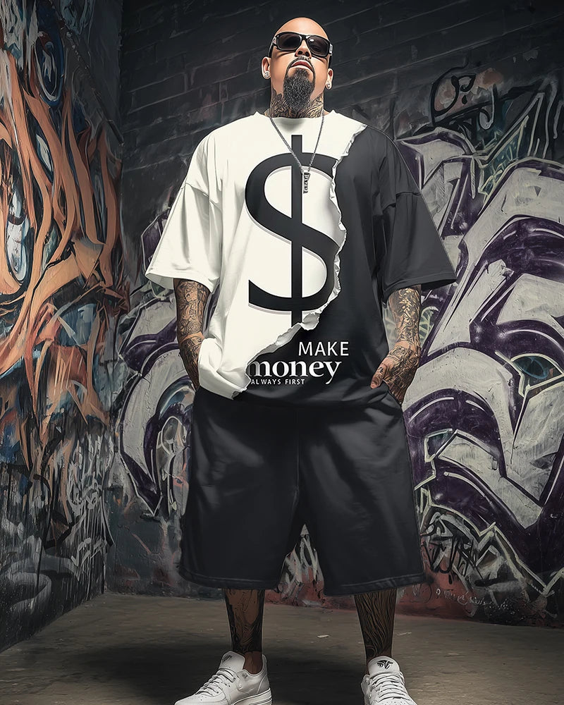 S-9XL Plus Size Men's Oversized Fit, Dollar Sign, Camo, Flame & Occult Print T-Shirt & Shorts Set, Casual Streetwear Outfit
