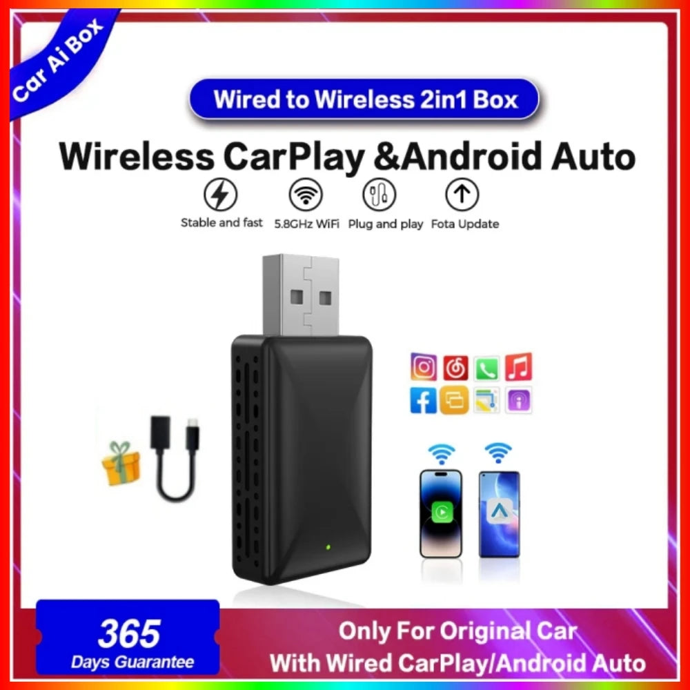 Android Auto Wireless Adapter New Mini 2 in 1 Box For Apple Carplay Dongle for Cars With Wired AA CP Wireless WIFI Plug & Play