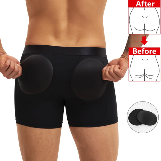 Men Butt Lifter Underwear 3D Pouch Boxer Briefs Antibacterial Auick-Drying Panties Shaper Removable Fake Butt Pad Black S-2XL