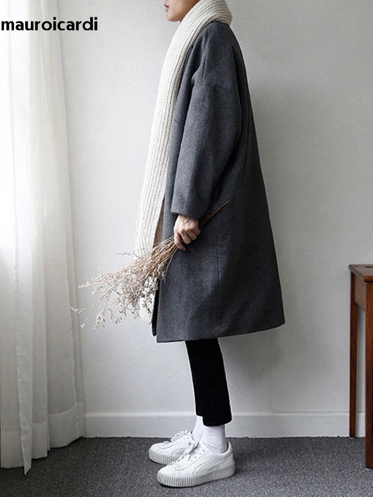 Mauroicardi Autumn Winter Loose Casual Grey Black Soft Warm Woolen Cocoon Coat Men Lapel Double Breasted Korean Fashion 2022