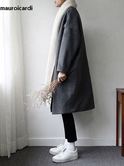 Mauroicardi Autumn Winter Loose Casual Grey Black Soft Warm Woolen Cocoon Coat Men Lapel Double Breasted Korean Fashion 2022