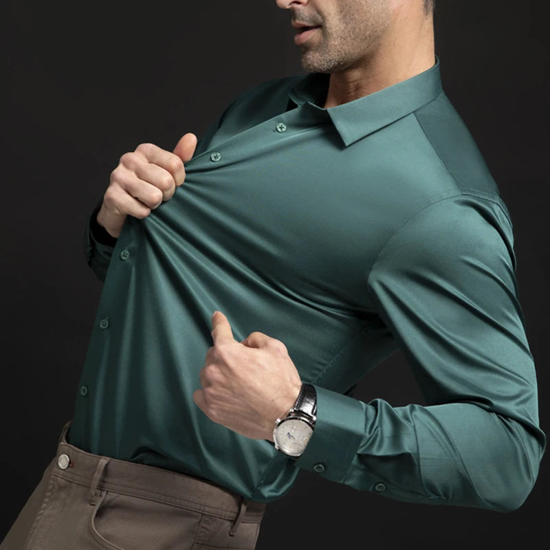 New elastic long sleeved shirt for men's fashion, business, leisure, solid color  non ironing, professional men's white shirt