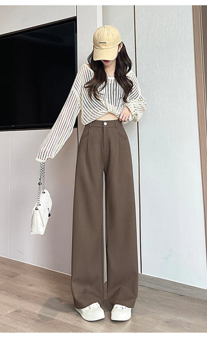 Seoulish Autumn Elegant Women's Wide Leg Pants 2024 New Korean Solid Button Casual Loose Office Full Length Trousers Female