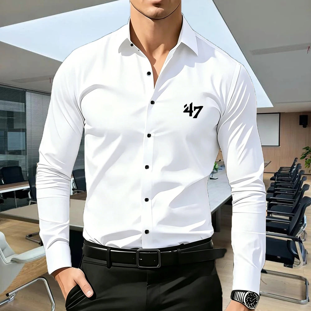 Men's Premium Business Casual Shirt MILANO Logo Print Slim Fit Long Sleeve Wrinkle Resistant Dress Shirt Multi Styles Available