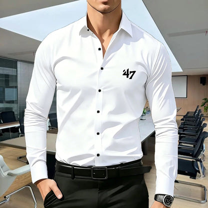 Men's Premium Business Casual Shirt MILANO Logo Print Slim Fit Long Sleeve Wrinkle Resistant Dress Shirt Multi Styles Available