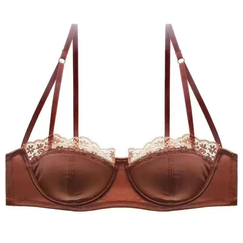 French Half Cup Lace Underwired Bra Set Ladies Thin Push Up Gather Fit No Gap Small Bust Comfortable Sexy Lingerie Two Piece Set
