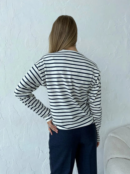 Bornladies 2025 Summer Long Sleeve Striped T-Shirts Women Basic Casual Tops Female Cozy Loose Cotton Tees Harajuku T Shirt New