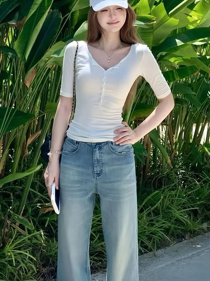 Slim Fit Henry Collar mid Sleeve T-Shirt Women Summer New Style Casual Wear High Waist Design Half Sleeve Top for Young Girls