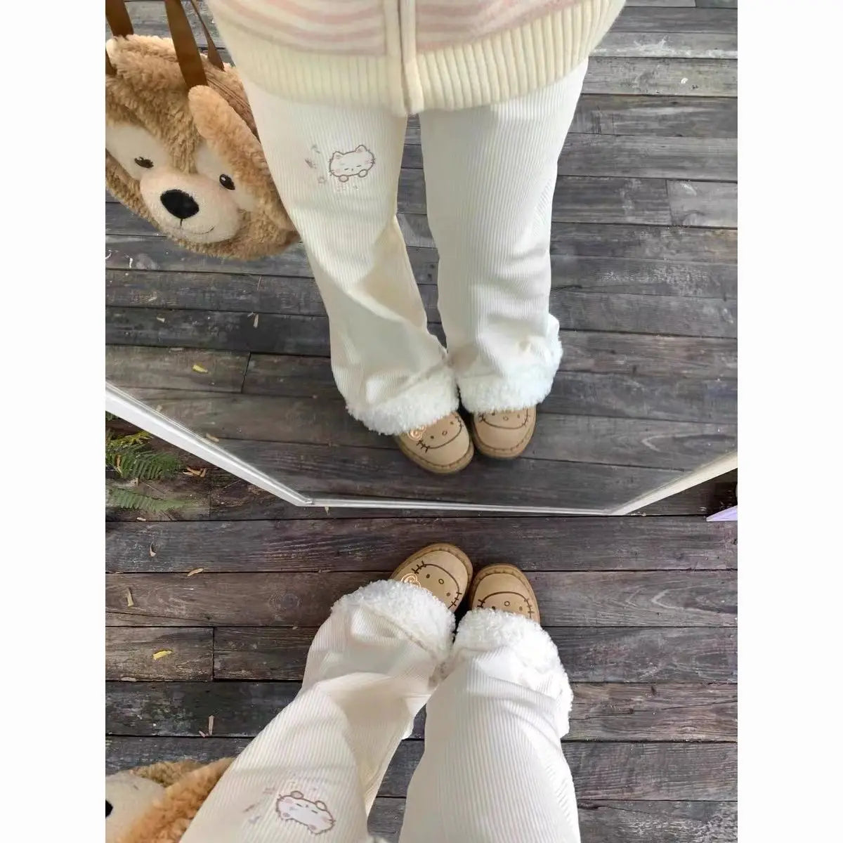 Corduroy  Embroidery Lamb Fur Patchwork Loose Micro Flare Autumn Winter Fleece Lined Slimming Cute Wide Leg Pants Women