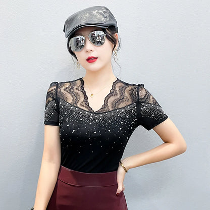 2026 Summer Women Tops New Korean Fashion Diamond Mesh T Shirt V-neck Short Sleeved Patchwork Lace Shirt