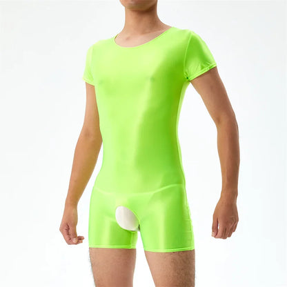 Sexy Men's Open Crotch Bodysuit Short Sleeve Oil Shiny Glossy Tights High Elastic Man Clothing Shapers Exotic Leotard