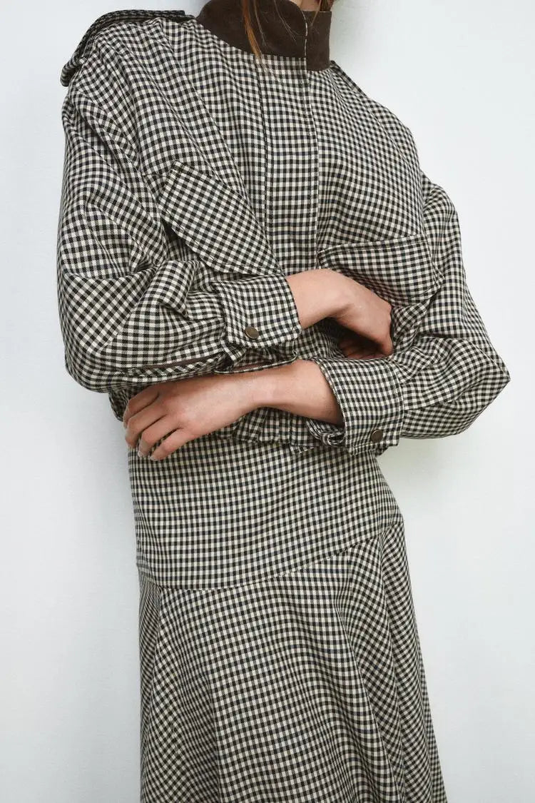 Color Block Plaid Pilot Jacket Coat High Collar Long Sleeve Women's Spring Fashion Set with Midi Skirt Spring Season Pattern
