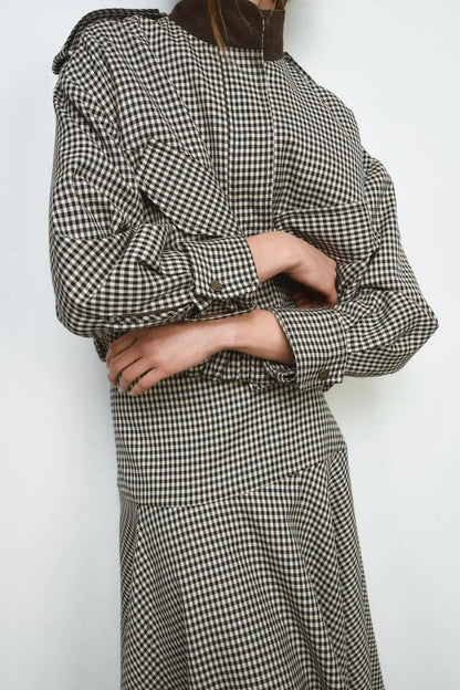 Color Block Plaid Pilot Jacket Coat High Collar Long Sleeve Women's Spring Fashion Set with Midi Skirt Spring Season Pattern
