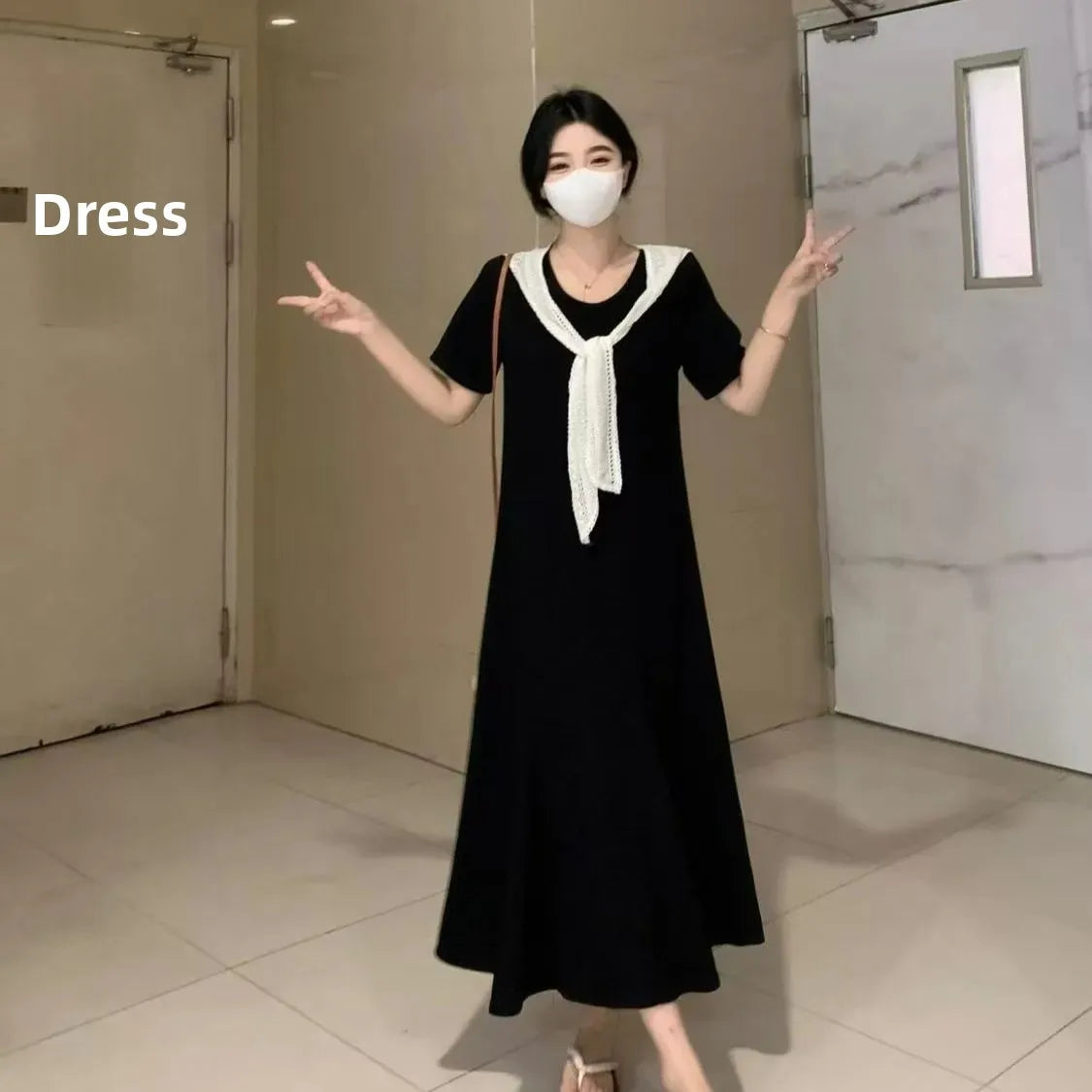 Naval Collar Lace Trim Slimming Long Dress French Style Loose Fit Mommy's Summer Dress mid Waist Design Casual  Knot