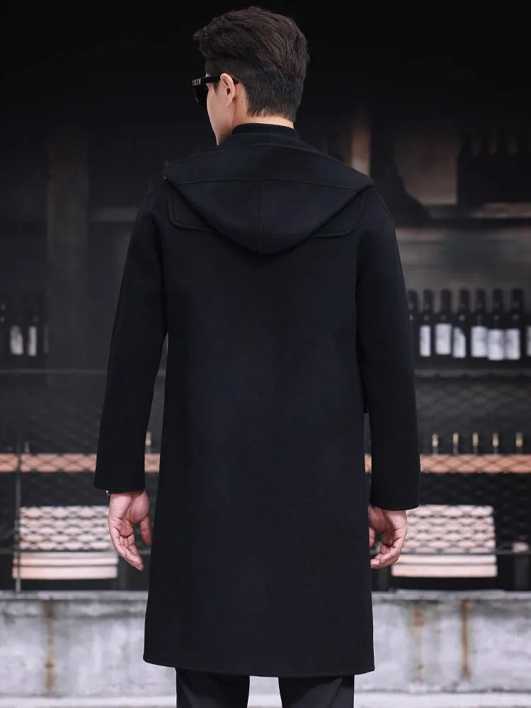 Mens 100% Wool Trench Overcoat Vintage Horn Button Hooded Long Coat Double Faced Sheep Fur Loose Fit Windbreaker Woolen Blends