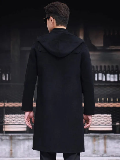 Mens 100% Wool Trench Overcoat Vintage Horn Button Hooded Long Coat Double Faced Sheep Fur Loose Fit Windbreaker Woolen Blends