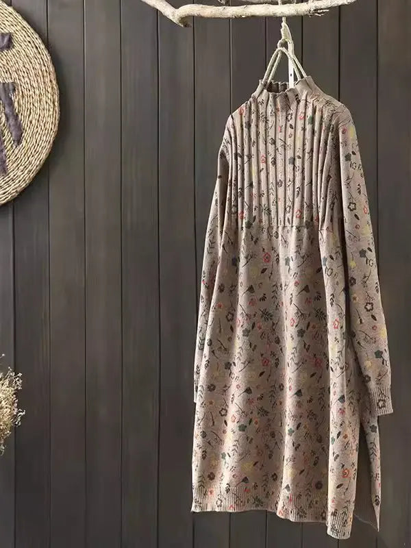 Retro Print Loose Knitted Dress Half High Collar Base Layer Skirt Autumn Winter Long Straight A-Line Dress for Women