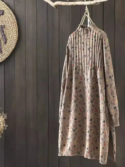 Retro Print Loose Knitted Dress Half High Collar Base Layer Skirt Autumn Winter Long Straight A-Line Dress for Women