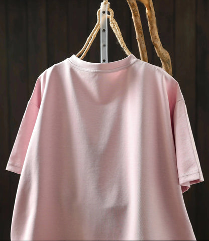 Pink Short-sleeve Women Top 2026 Stylish Summer New Design Pleated Hem Loose T-shirt ZF2158