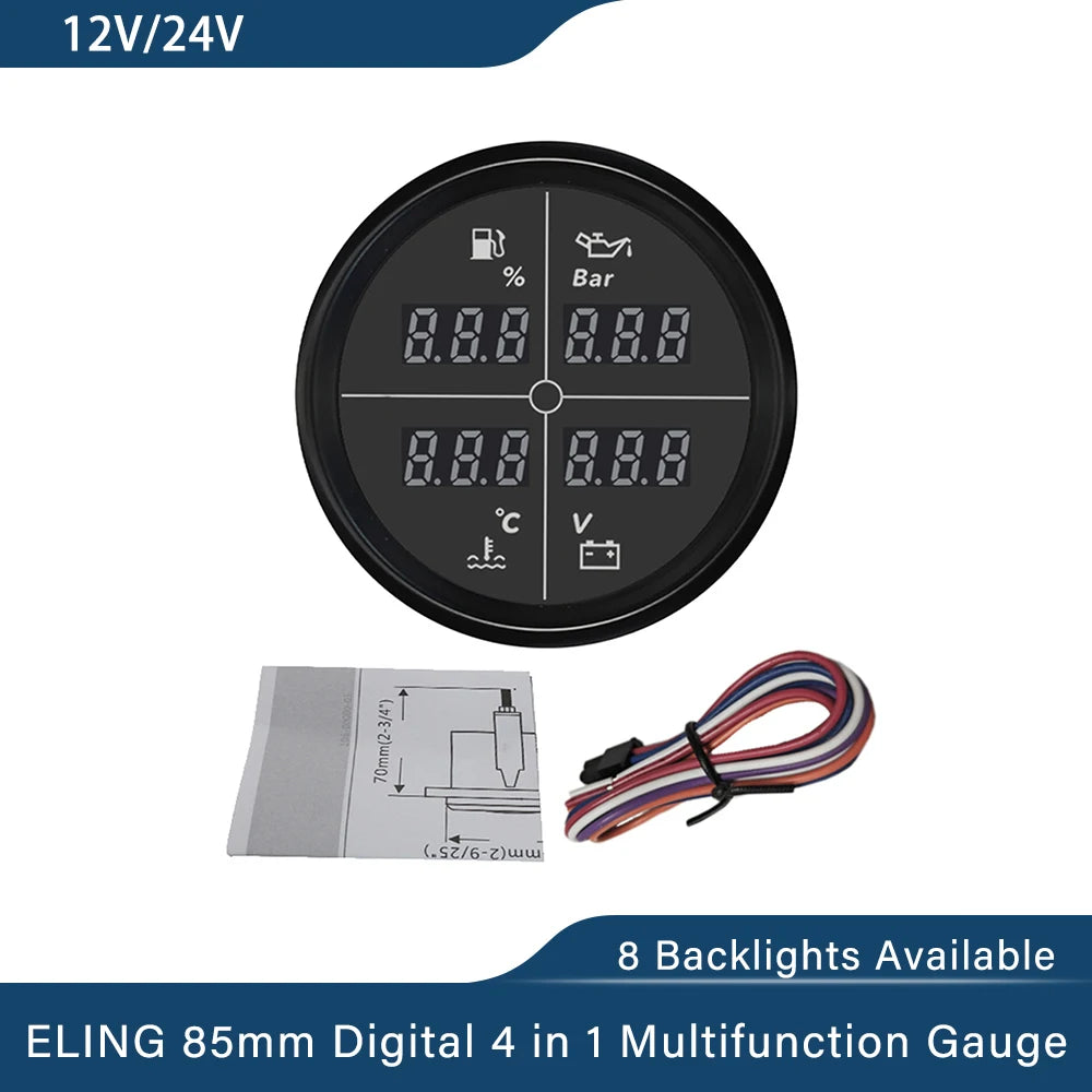 ELING Digital 52mm 85mm Car 4 in 1 Multifunction Gauge with Fuel Level Oil Pressure Water Temp. Voltmeter and 8 Colors Backlight