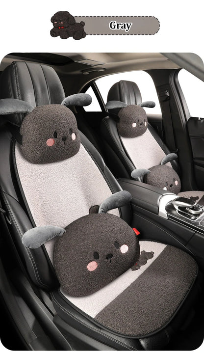 Funny Puppy Car Seat Cover 2025 New Autumn Fleece Fabric PU Leather Warm Comfortable Quick Installation Fits Most Cars