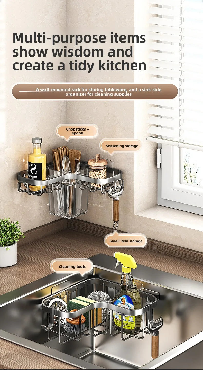 Kitchen Carbon Steel Sink Drain Rack No-Punching Wall Mounted Corner Dishcloth Storage Rack Waterproof Space Saving