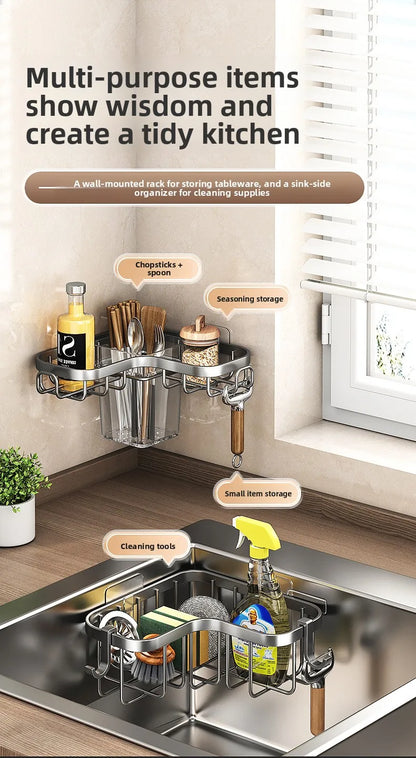 Kitchen Carbon Steel Sink Drain Rack No-Punching Wall Mounted Corner Dishcloth Storage Rack Waterproof Space Saving