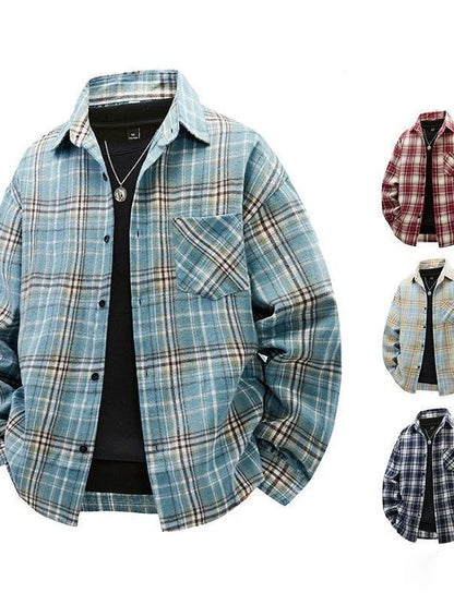 Japanese Style Plaid Long Sleeve Cotton Shirt Men's Retro Autumn Spring Outerwear Casual Loose Fit Print Shirt for Youth