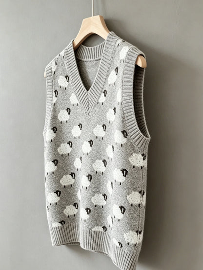 Women's plus size sheep pattern knitted vest, casual and elegant spring/summer style
