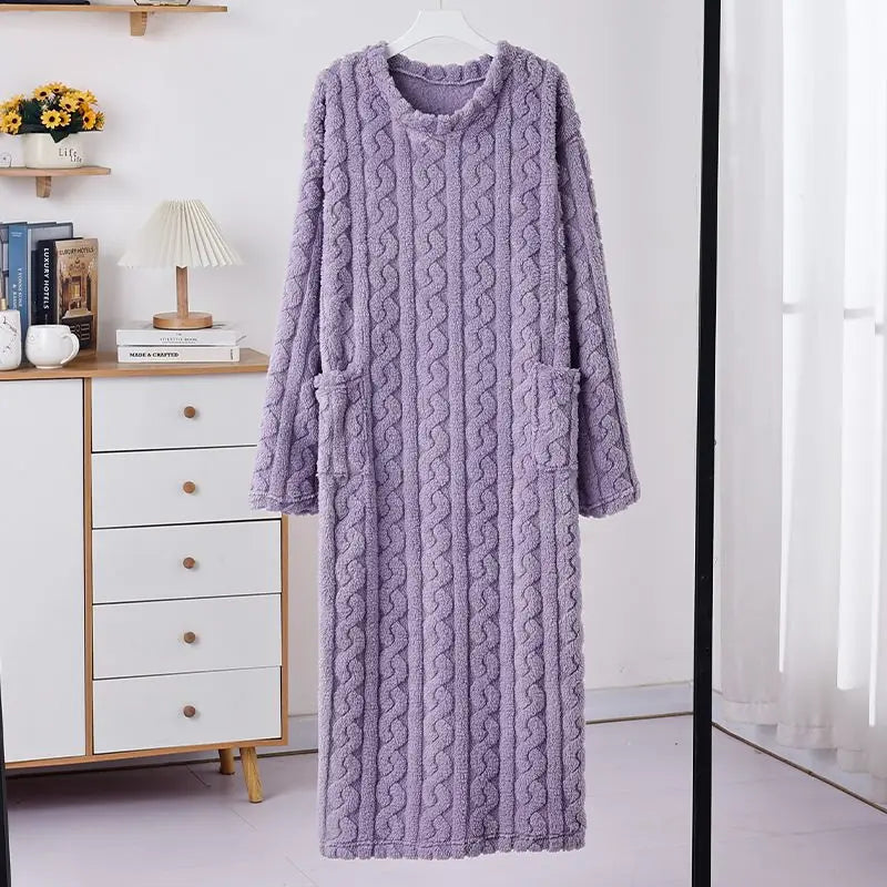 Winter New Long Warm Coral Fleece Home Sleepwear Robe for Women Walking Blanket Style Loose Fit with Pockets Sleep Dress