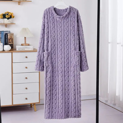 Winter New Long Warm Coral Fleece Home Sleepwear Robe for Women Walking Blanket Style Loose Fit with Pockets Sleep Dress