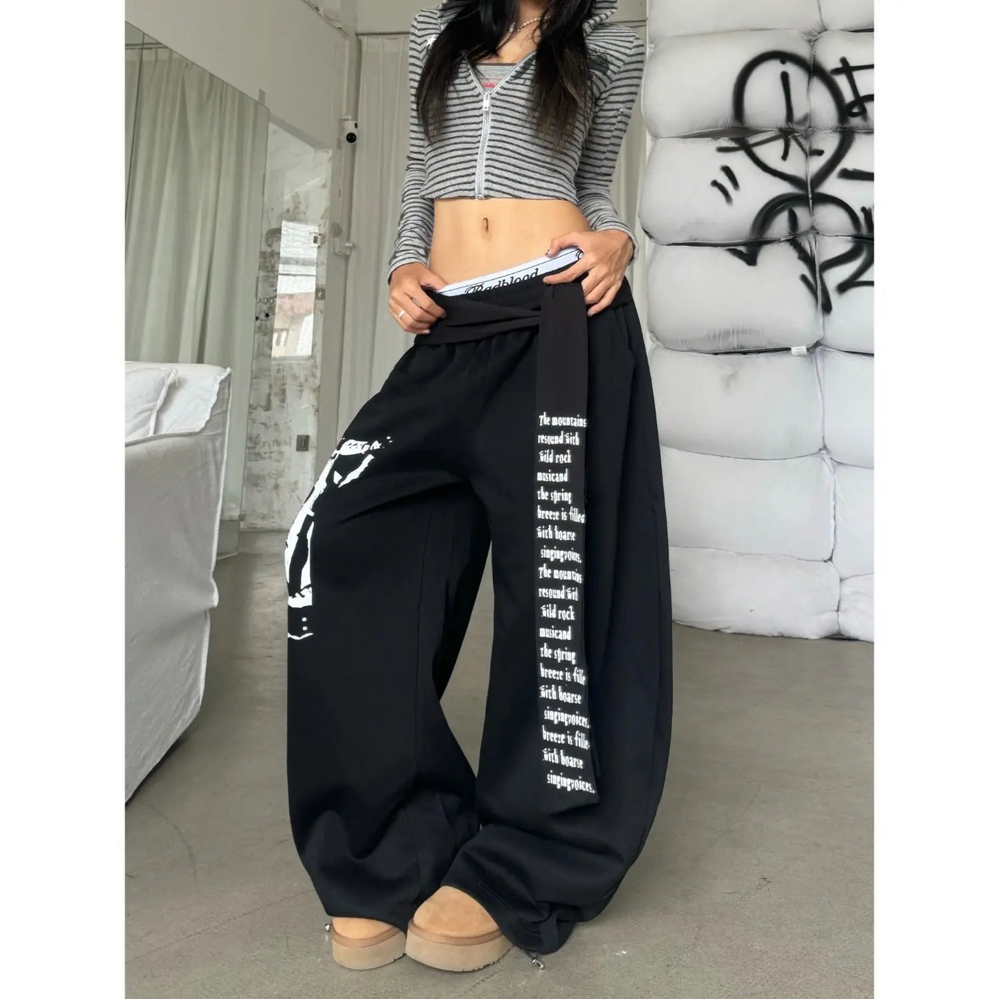 Retro American Hot Girl Hip Hop Jazz Street Dance Letter Print Belted Design Sweatpants Loose Wide Leg Casual Trousers