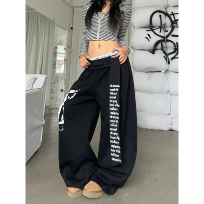 Retro American Hot Girl Hip Hop Jazz Street Dance Letter Print Belted Design Sweatpants Loose Wide Leg Casual Trousers