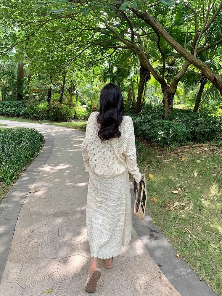 Kumikumi Lazy Style Hollow out Knitted Cardigan Jacket Women's High Waist  Skirt Fashion Set Spring 2025 Acrylic Fabric