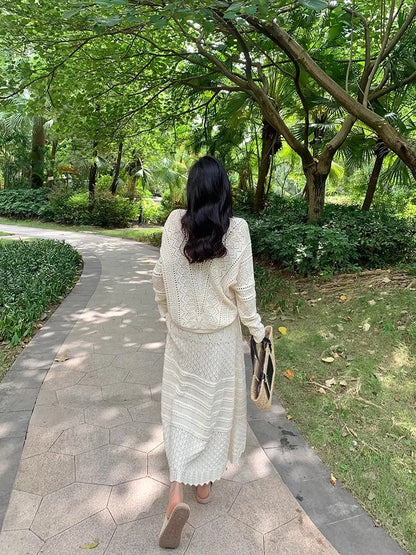 Kumikumi Lazy Style Hollow out Knitted Cardigan Jacket Women's High Waist  Skirt Fashion Set Spring 2025 Acrylic Fabric