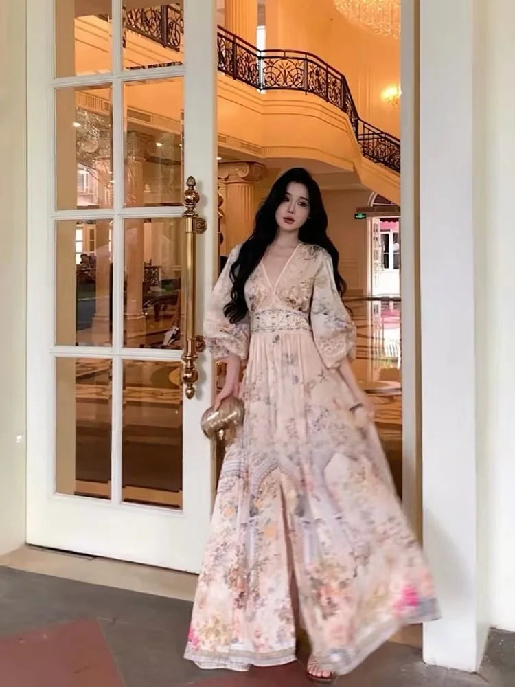Elegant plus Size Women's Summer Vacation Style Printed Dress High Waist Embroidery V-Neck Long Skirt Lantern Sleeve